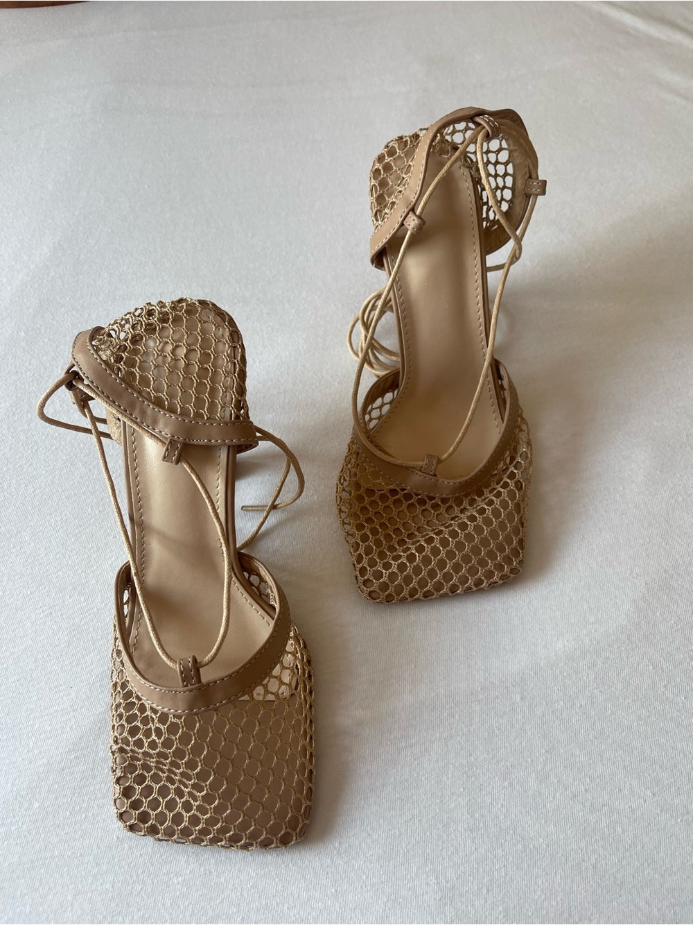 SOLD IN ANOTHER PLATFORM Nude/ Beige Mesh Lace-Up Square-Toe Heels NO BRAND